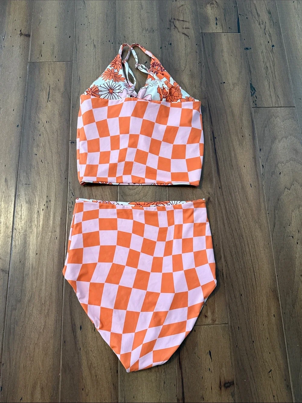 RAD Swim Reversible Retro Floral and Checkered High-Waist Tankini Set